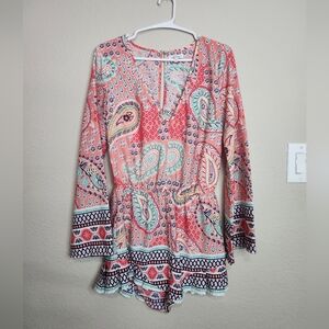 Boho Long Sleeve Multicolor Romper Size Small